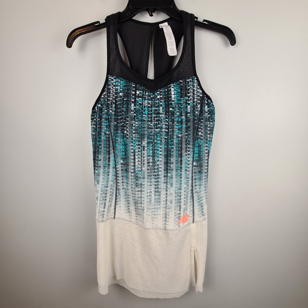 New Balance Womens Tennis Dress Teal White Black Pixel Print Racerback Small